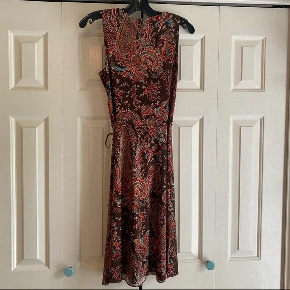 Lauren Ralph Lauren brown print faux wrap dress. Sz XS sleeveless - Picture 2 of 5